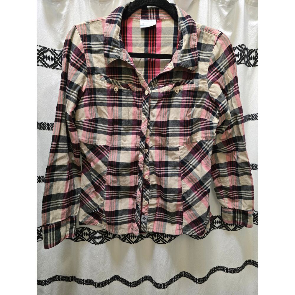 Columbia flannel plaid long sleeve button-down shirt black tan red size small